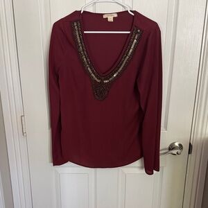 Talbots Beaded V-Neck Long Sleeve Blouse - Burgundy